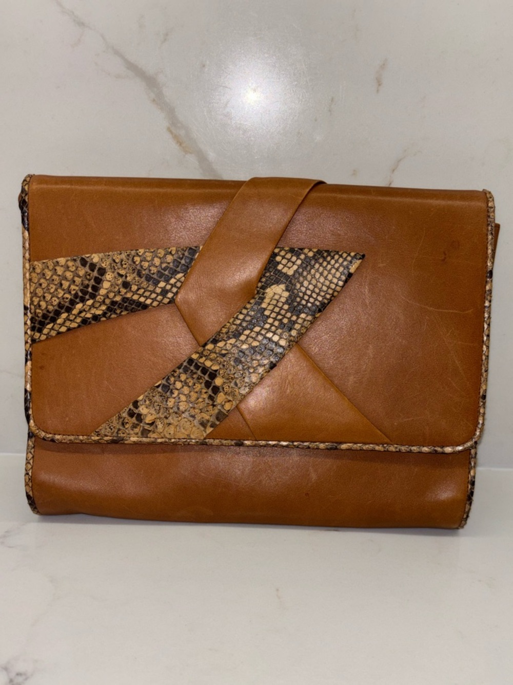 Vintage Holt Renfrew Made in Italy Brown Leather & Black Snakeskin Clutch Purse